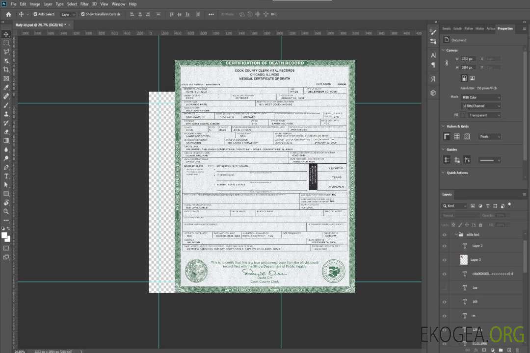 Modèle de certificat de décès de l'État de l'Illinois aux États-Unis au format PSD template